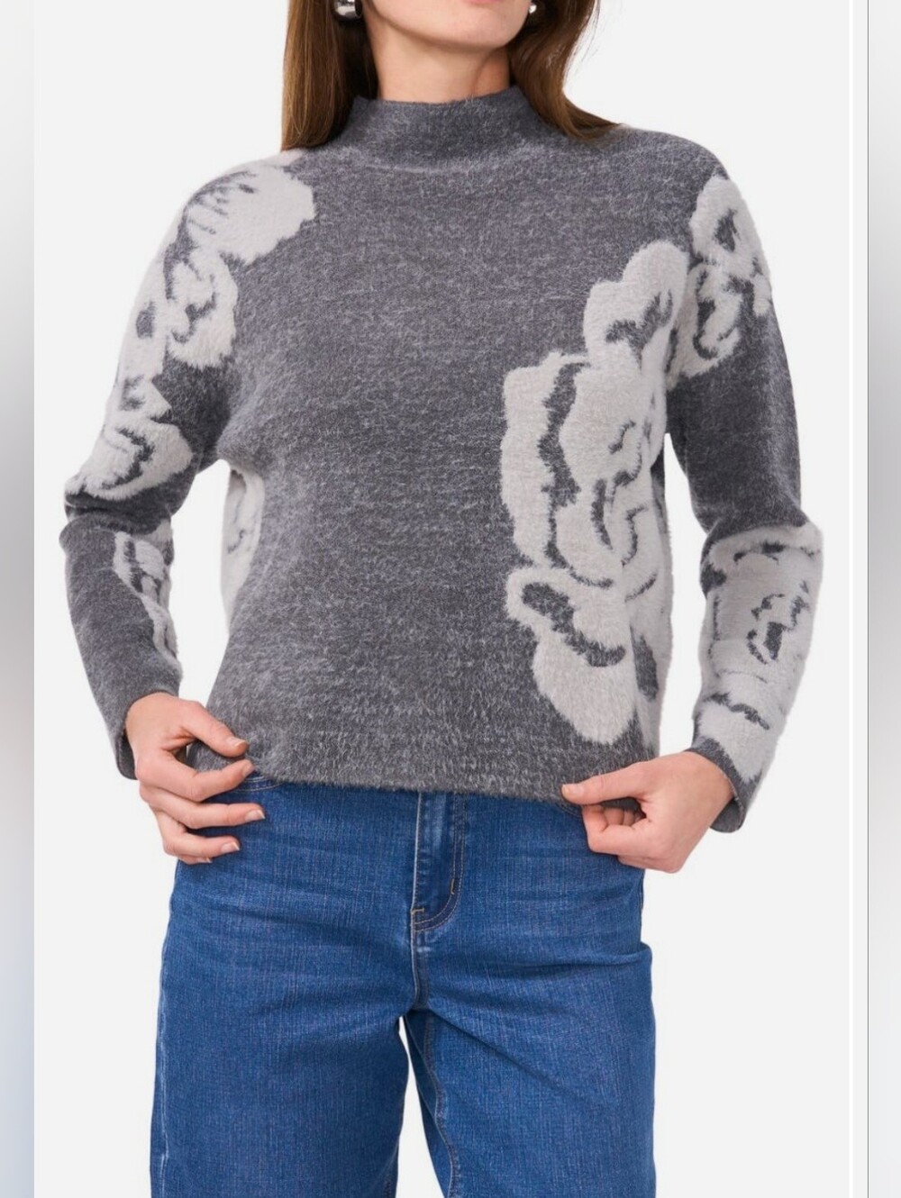 Nordstrom 1.State Flower Mock Neck Grey Floral Knit Sweater - Size: XL